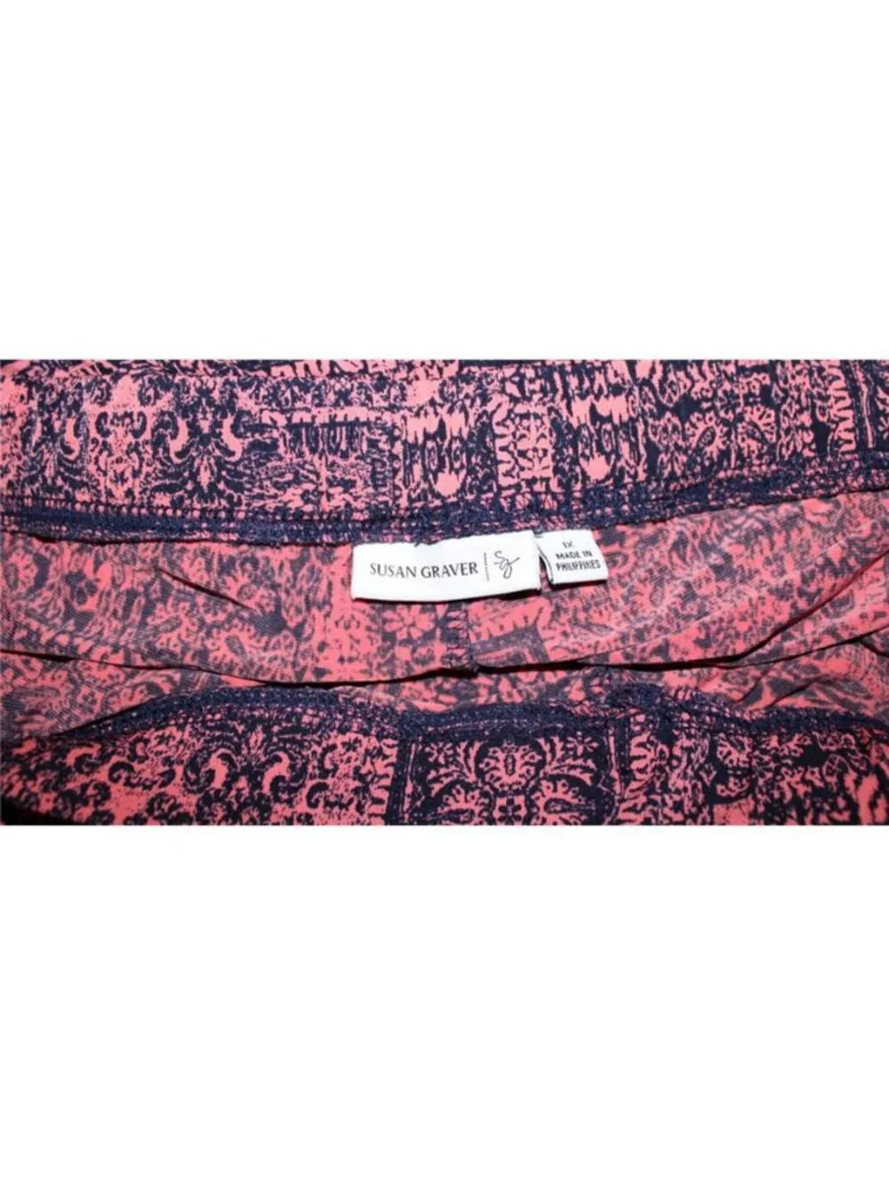QVC Susan Graver 1x Printed Slinky Liquid Knit Cropped Pull On Pants Coral Navy - Picture 2 of 4